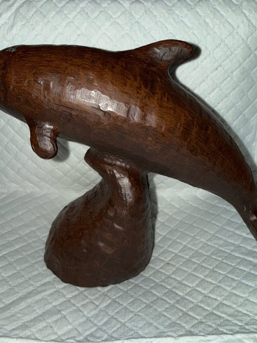Hand-Carved Red Mill Pecan Shell Resin Dolphin Sculpture in Brown 7.5”